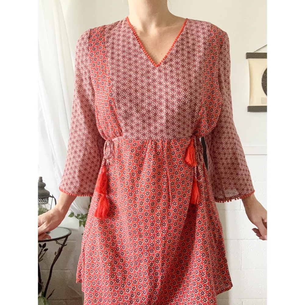 Boden Red Floral Print Tunic Dress Tassel Pom Pom - Picture 1 of 13